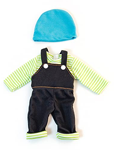 Miniland Set Puppenkleidung 32cm, geringeltes T-Shirt mit Latzhose und Mütze, Übergangszeit
