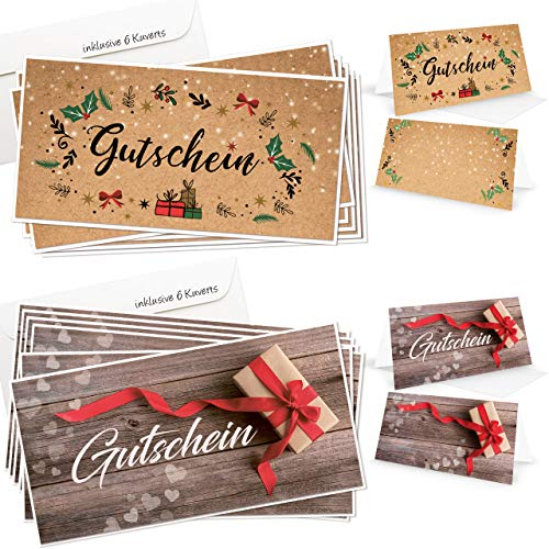 Logbuch-Verlag 2 x 6 Gutscheine Geschenkgutscheine Klappkarte Weihnachten Geburtstag MIT KUVERT DIN lang frei beschreibbar für Kunden Mitarbeiter