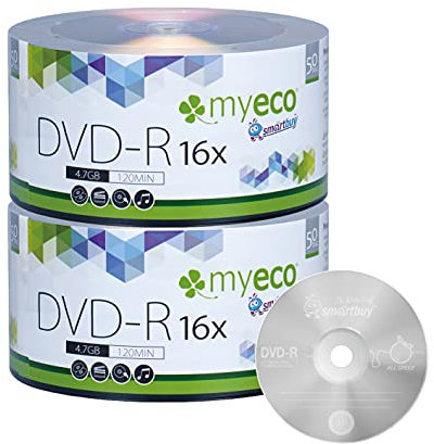 MyEco DVD-R 16 x 4,7 GB/120 Min., silberfarbenes Logo, zum Einmalschreiben, 100 Stück