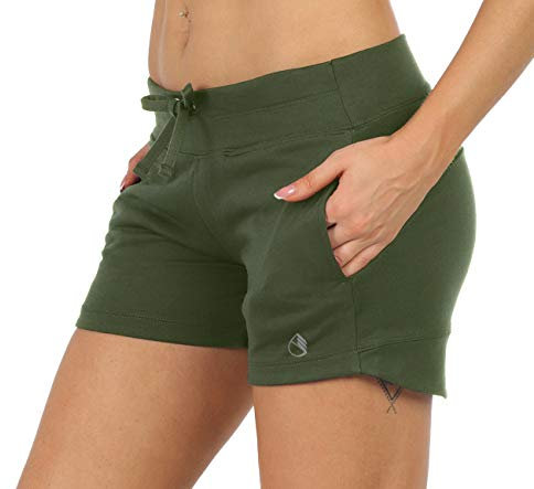 icyzone Damen Sweatshorts Kurze Hose Jogginghose Sport Laufen Shorts mit Taschen (L, Dunkelgrün)