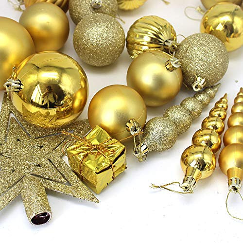 SWECOMZE 60er Set Gold Christbaumkugeln Christbaumschmuck mit Stern Spitze,Kunststoff Weihnachtsschmuck