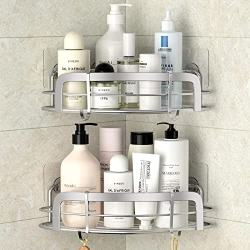 STEUGO 2 Pack Shower Caddy Corner, Bathroom Corner Shelfs, Adhesive Wall Mounted Shower Caddy with 4 Movable Hooks, No Drilling Shower Shelf, Stainless Steel Silver