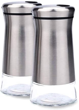 YMTECH Juego de 2 botellas de sal y pimienta, tarro coctelera de vidrio y acero inoxidable, tarro de especias con orificios de vertido ajustables