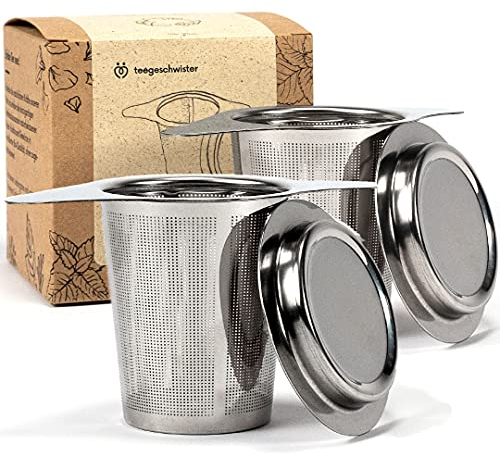 teegeschwister® | 2X Feines Teesieb für losen Tee | Teefilter aus rostfreiem Edelstahl mit Deckel/Abtropfschale | breiter Doppelgriff für Verschiedene Tassengrößen