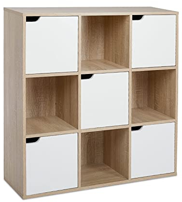Meerveil Bücherschrank, Bücherregal, Aufbewahrungsregal, 9 Fächer mit 5 Türen, moderner Stil, Geeignet für Büro, Arbeitszimmer, Wohnzimmer, Korridor und andere Räume, Eichefarben
