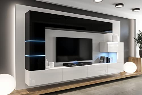 Furnitech Wohnwand Wohnzimmer - Wohnzimmer Möbel mit LED RGB - 16 Farben - Hängend Wohnwand Modern - Wohnzimmer Schrankwand mit Regale und TV Schrank (AN89NEW-21BW-HG4)