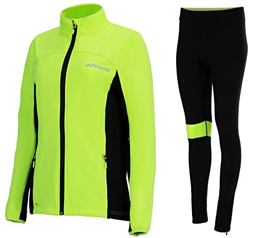 Airtracks Damen Thermo Winter Fahrradtrikot Set Pro Line - Thermo Fahrradjacke Pro Line + Thermo Fahrradhose Lang - Warm Winddicht - schwarz-neon - XXL