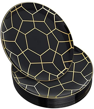 STACKABLES Paquete de 20 platos de plástico duro ~ Juego de platos redondos multiusos reutilizables para bodas, fiestas, catering y picnic (negro/dorado, platos de 7.5 pulgadas)