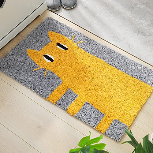 Badezimmerteppich Senfgelbes Katzengrau Badematte Flauschig Mikrofaser Badvorleger Rutschfest Duschvorleger Schnelltrocknend Badteppich Waschbar Badmatte Verdicken Badematten & Badteppiche 40x60cm