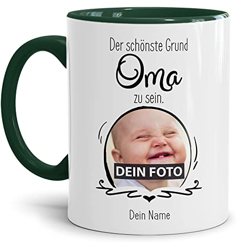 Tasse mit Spruch - Der schönste Grund Oma zu sein - Personalisierbare Keramiktasse mit Namen und Foto - Geschenk Oma - Innen & Henkel Dunkelgrün, 300 ml
