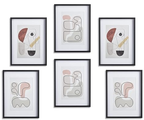 nielsen 6-Piece Wooden Picture Frame Gallery Set, Black 30x40cm with White Mount to fit A4 Poster, Abstract Prints included