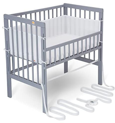 FabiMax Baby Beistellbett für Boxspringbett, TÜV geprüft 2022, inkl. Matratze und Nestchen aus Netzstoff, Buche massiv grau, Comfort/weiß