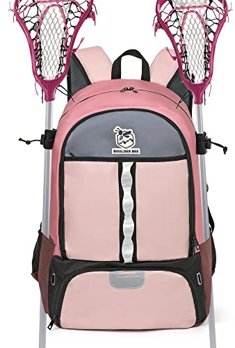 BOULDER BEE | Lacrosse Rucksack | Lacrosse Taschen mit Schlägerhaltern | Feldhockeytasche | Lacrosse Geschenk für Frauen (Lila und Braun)