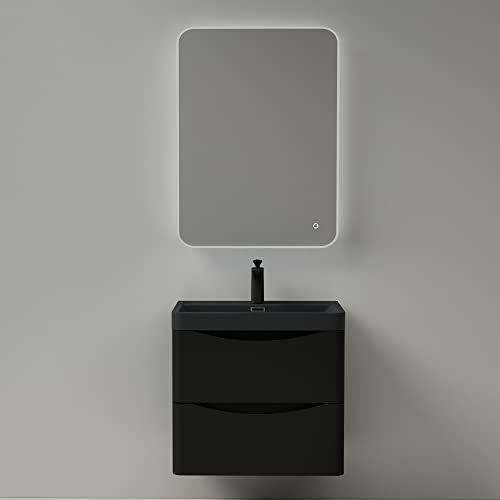 Mai & Mai Badmöbel Set Waschtisch mit Unterschrank Waschbeckenunterschrank mit Softclose Schubladen inkl. Waschbecken LED-Badspiegel 60cm in Matt Schwarz Smile