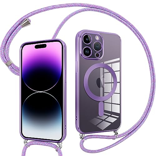 Pnakqil Coque pour iPhone 14 Pro Max avec Cordon, Compatible avec MagSafe, Transparent Silicone Ultra Mince Housse avec Collier Cordage, Magnétique Case pour iPhone 14Pro Max, Purple