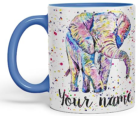 Vixar Personalised with Your Text Elephant Forward Facing Wild Animals Watercolour Art Coloured Ceramic Mug Cup Gift 330ml 11oz Custom Work Office Tea Coffee (C Blue)