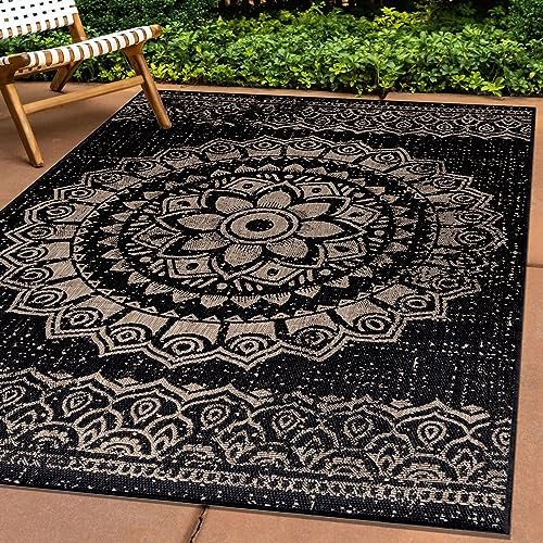 Carpettex Outdoor Teppich Wetterfest 80x250 cm Läufer, Sisal Optik, Schwarz - Ideal für Balkon, Garten, Terrasse, als Küchenläufer - In&Out Teppich Waschbar, Flachgewebe, Pflegeleicht, Vintage Design