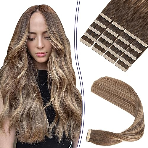 Sindra Tape in Extensions Echthaar Balayage Schokoladenbraun bis Karamellbraun 20pcs 50g 35cm Remy Echthaar Extensions Tape Extensions Seidig Gerade Invisible Tape Ins #4/27/4 14 Zoll