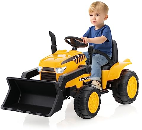 GOPLUS 12V Elektro Baggerlader mit Schaufel, Kinderfahrzeug mit Fernbedienung, Scheinwerfer, Musik & Hupe, Baufahrzeug mit Slow-Start-Funktion & rutschfesten Rädern für Kinder von 3-8 Jahren