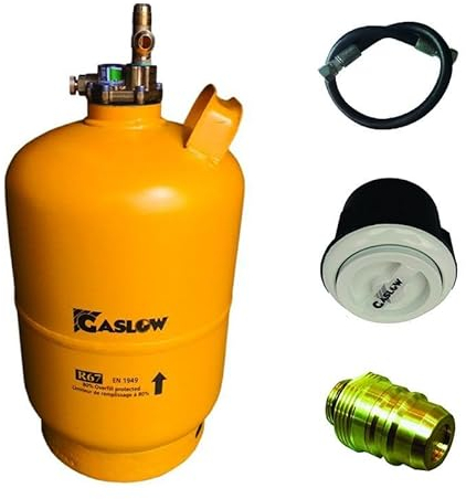 Gaslow Confezione bottiglia GPL ricaricabile 6 kg + lira + scatola di trasferimento bianco + adattatore spagna/Germania