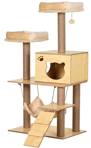 PawHut Wooden Cat Tree for Indoor Cats Climbing Tower for Large Cats with 5 Scratching Posts Hammock Toy Ball 130cm