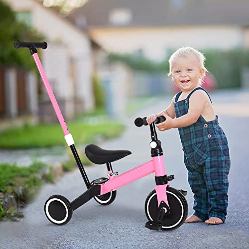 HUOLE bicicletta per bambini con frizione,Triciclo 3 in 1 con manico scorrevole per bambini da 1 a 3 anni, ruota pieghevole, ruote più grandi, pedali rimovibili, 3 in 1 (rosa)