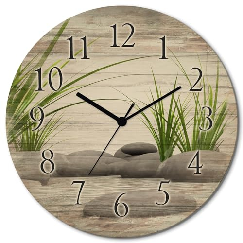 ARTLAND Wanddeko Wanduhr ohne Tickgeräusche aus Holz Funkuhr lautlos rund Ø 30 cm 3D Steine T6CD Wellness Zen Bilder Stein
