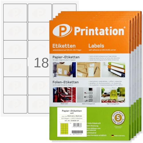 Printation Adress-Etiketten 63,5 x 46,6 mm Brief Etiketten selbstklebend weiß - 9000 63,5x46,6 Adressaufkleber selbstklebend auf 500 DIN A4 Bogen 3x6 18 - BigPack - abgerundete Ecken 4501 4265 L7161