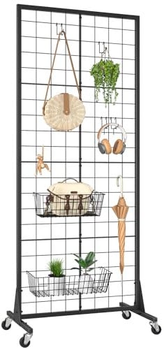 WELDUN Gitter Pinnwand mit Räder, Gitterwand-Display Fotowand mit Haken, bewegliche Gitterwand Paneele Verkaufsständer