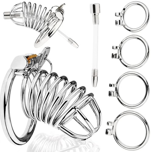 Gienocy Male Invisible Lock Chastity Devices Metal Cock Cage Set with 4 Rings and Silicone Urethral Catheter, Chastity Device for Penis Training Abstinence Bondage BDSM Adults Sex Toys for Men
