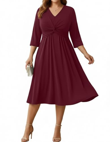 Talisea Kleid in Übergröße für Damen, gedrehter Knoten, V-Ausschnitt, 3/4-Ärmel, A-Linie, Hochzeitsgäste, Midi-Kleider, Burgunder, 52 Mehr