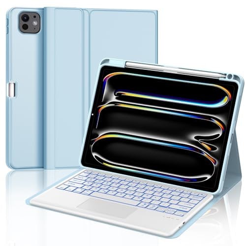 JADEMALL Keyboard Case with Touchpad for iPad Pro 13'' (M4) 2024, Wireless Bluetooth Backlit Trackpad Keyboard with Protective Cover and Pencil Holder for iPad Pro 13 inch M4 2024 Tablet, Sky Blue