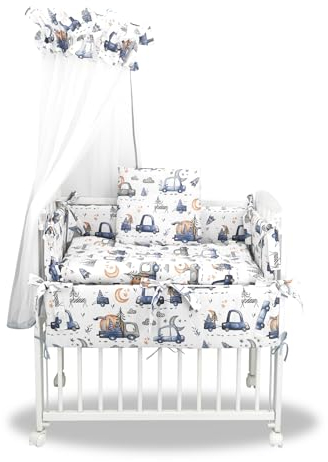 Baby Delux Beistellbett Set Babybett Komplett Set Stubenwagen weiß 90x40 mobil mit Rädern inkl. Bettwäsche Matratze (Auto blau)