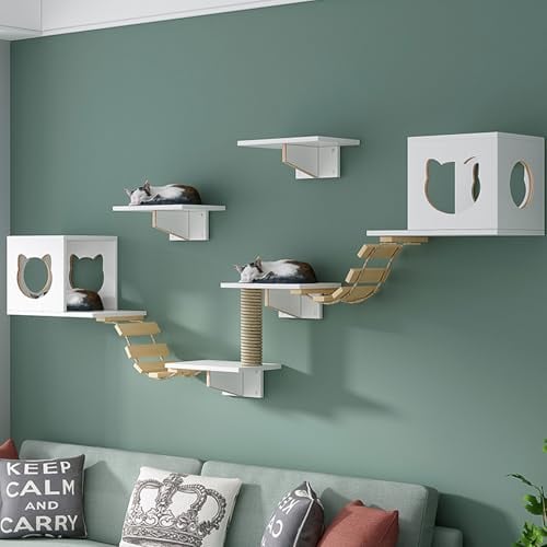RTTZBOZ Cat Perch and Cat Wall Shelves 2 in 1, 2 Cat House and Soft Ladder, Cat Wall Shelves, Cat Wall, Solid Wood Wall Mounted Cat Furniture