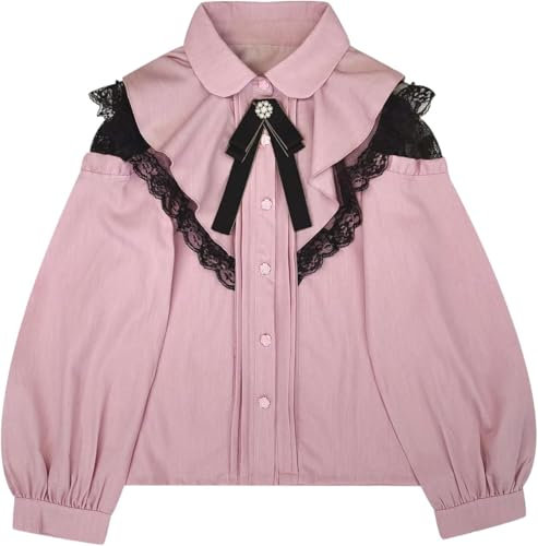 Lolita Mesh Blouse à Manches Longues pour Femmes Top à Manches Longues Mignon élégant à Volants Élégant Casual Dentelle Bow Button Top Vintage Ruffle Button Mignon (Rose,One Size)