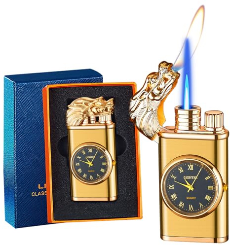 Jet Magic Dual Flame Feuerzeug - Winddicht Einstellbarer Jet und Weiche Flamme Nachfüllbar Butan Feuerzeug für Kerze, Grill, Küche, Camping - Gold