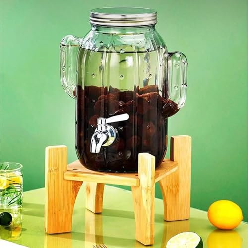 HUPUZON Distributeur de Boissons 5L/8L avec Support en Bois, Distributeur de Boissons en Verre avec Robinet, pour Boissons Chaudes Et Froides, Jus de Fruits, Bière, Eau(8L)