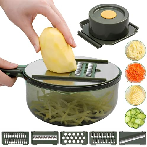 Cortador y rallador multifuncional 9 en 1; cortador de verduras y picador con recipiente (verde)
