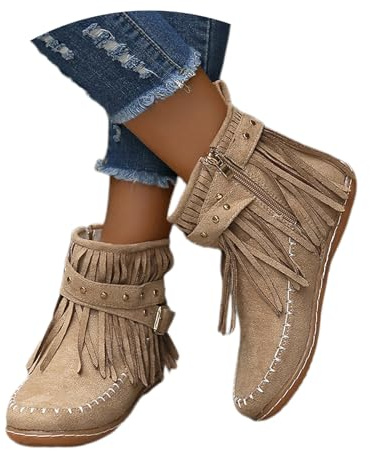 MEECHI Botines con Flecos Y Tachuelas Botas De Vaquero Occidentales Retro for Mujer Boots Ante Otoño Invierno con Hebilla Zapatos De Tobillo Planos De Ocio for Exteriores(Brown,38 EU)