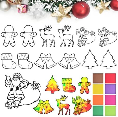 QIURUYUE 12 Stück Weihnachten Basteln Kinder, 12 Stück Fensterbilder Weihnachten Basteln,Sonnenfänger Bastelset Weihnachten,Bastelvorlagen Fensterb