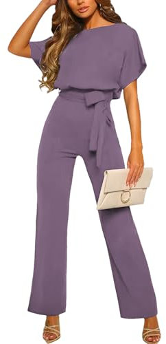 amropi Damen Kurzarm O-Ausschnitt Elegant Lang Jumpsuit Overall Hosenanzug Playsuit Romper Violett,L