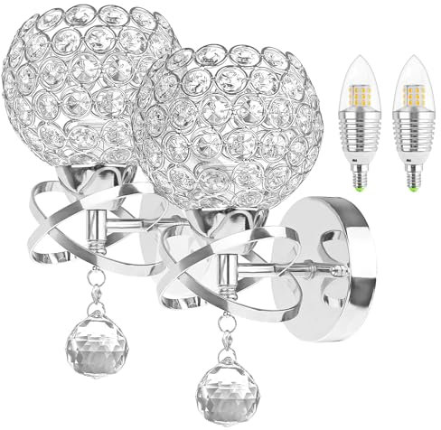 Palmcee Wandleuchten, 2er-Pack Kristall-Wandlampen und Wandleuchten mit 7-W-Glühbirne, Nachttisch-Wandleuchten, E14-Fassung, Wandleuchte für den Innenbereich, Zuhause, Wohnzimmer, Schlafzimmer