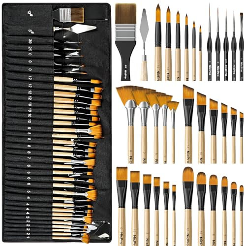 Nicpro 36 Stück Pinselset, professionelle Pinsel mit Palettenmesser und Stoffrolle, geeignet für Acrylmalerei, Öl, Aquarell, Gouache, Künstlerbedarf für Künstler und Anfänger, mit Feine Pinsel