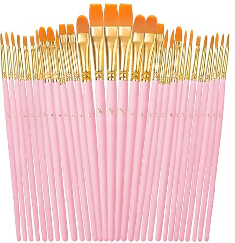 OWill 30 PCS Paint Brush Set, Nylon Professional Artist Paint Brushes for Acrylic Painting, Oil Painting, Watercolor Painting,Face Painting, Small Acrylic Paint Brushes for Artists, Adults, Kids(Pink)