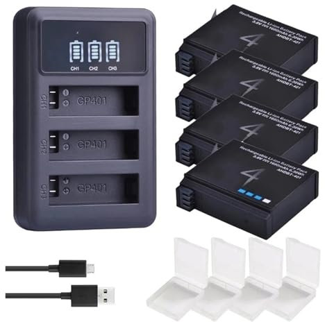 HOMEWQ Camera Bateria 1680mAh Compatible with Gopro Hero 4 Battery Replacement + L.E.D 3-Slots USB Charger for HERO4 AHDBT-401 Action Camera(4 Battery 1 Charger)