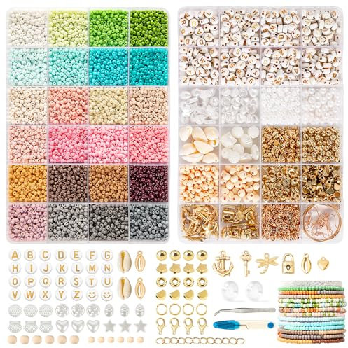 FEHCBIO Selber Machen Perlen für Armbänder 24 Farben Perlen Set 3mm,mit Holzperlen DIY Bastelset Armband Schmuckherstellungs Set für kinder und Erwachsene,Geschenkidee für Weihnachtsferien,Geburtstags