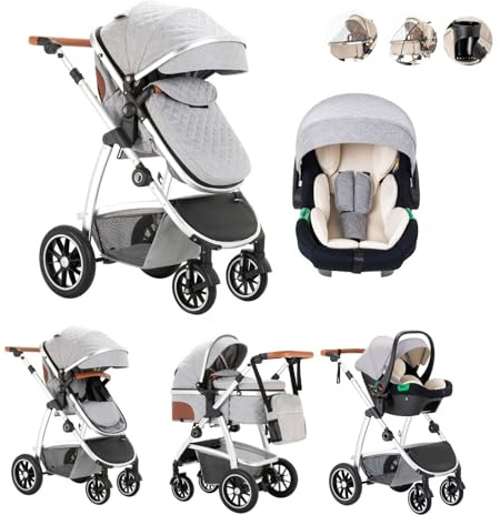 Kakbgee 3-in-1 Buggy Kinderwagen, Klappbar Reisebuggy mit ECE R129 Babyschale, Kinderwagen mit Höhenverstellbarem Griff, Kinderbuggy mit Aluminium-Rahmen, Stroller Baby mit Regenverdeck, für 0-4 Jahr