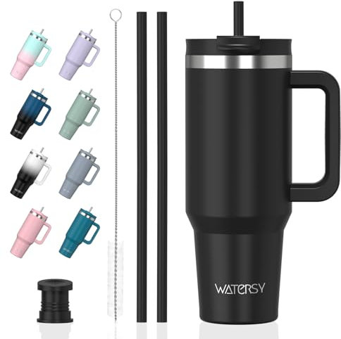 Watersy Gourde Isotherme 1,2 L avec 2 Pailles, Gobelet à Café anti-Fuite, Isotherme Sous vide avec Couvercle à vis sans BPA, Gourde Rafraîchissante Pendant 12 Heures, Noir