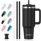 Watersy Gourde Isotherme 1,2 L avec 2 Pailles, Gobelet à Café anti-Fuite, Isotherme Sous vide avec Couvercle à vis sans BPA, Gourde Rafraîchissante Pendant 12 Heures, Noir