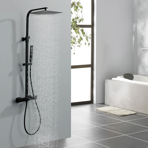 HOMELODY Duschsystem mit Thermostat Schwarz - Edelstahl Duscharmatur Komplettset mit 30x30CM Kopfbrause - Regendusche mit Armatur Eckig Duschset